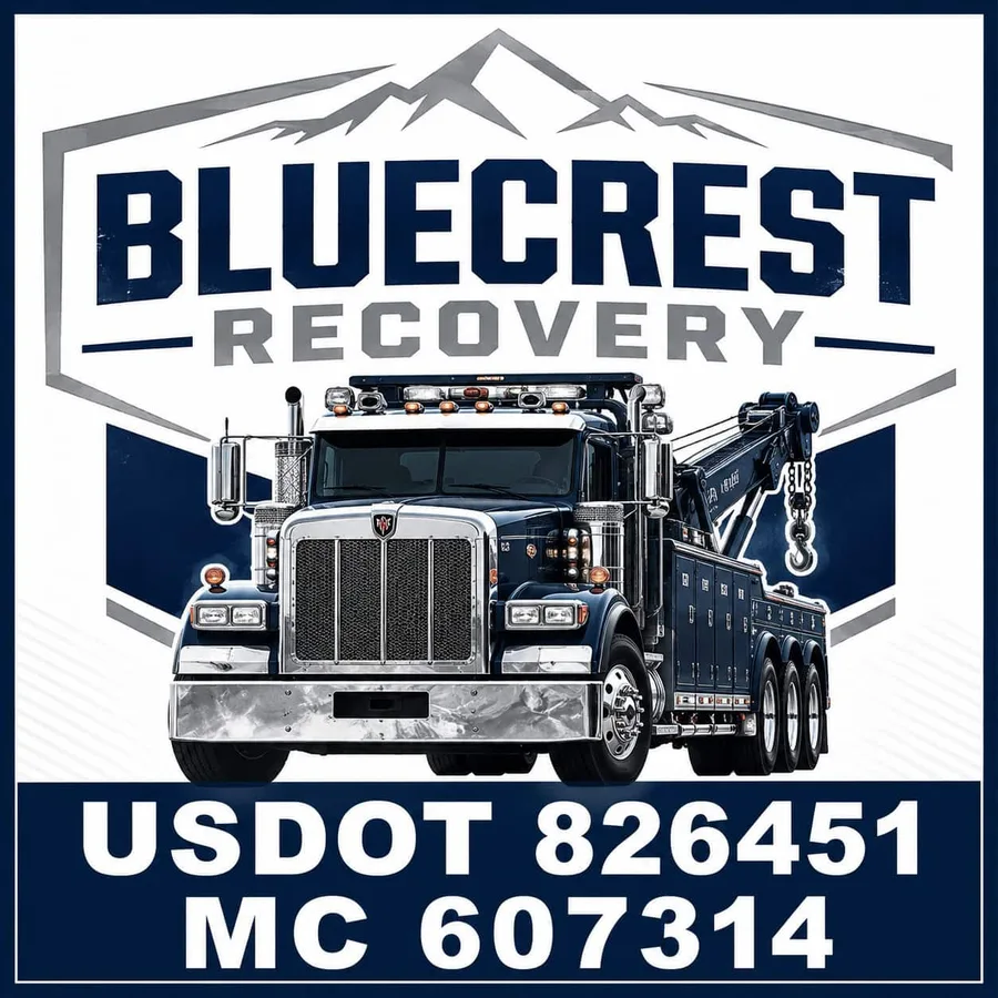 Bluecrest Recovery Navy Blue Shield Tow Truck Door Decal Set: sample artwork